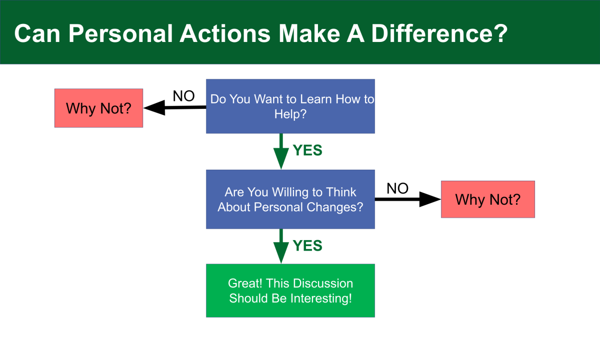 graphic of a decision tree Can Personal Actions Make a Difference? Do you want to learn how to help? No.  Why not? Yes - Are you willing to think about personal changes? No - Why not? Yes Great! This discussion should be interesting