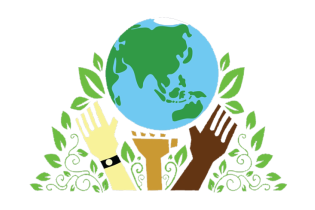 hands holding earth with leaves in background