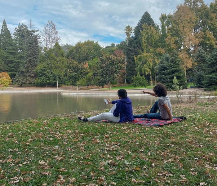Students sit on picnic blanket looking out at The Lakes