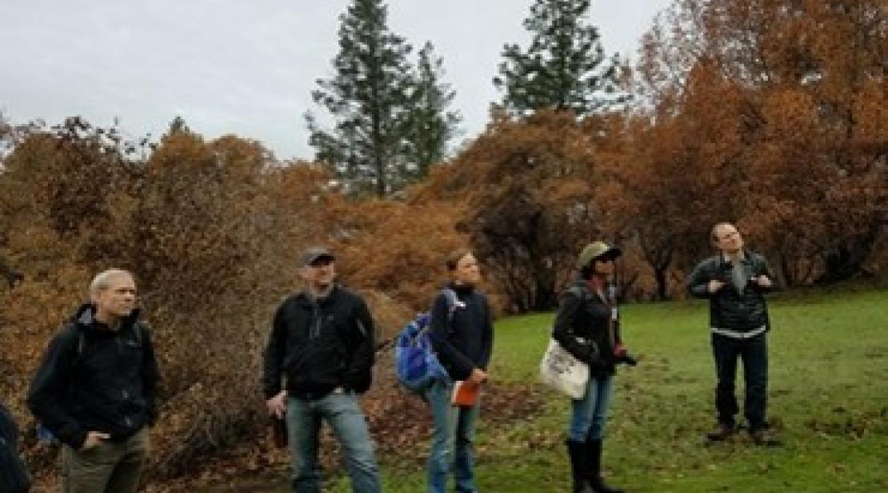 5 people before a grove of trees.