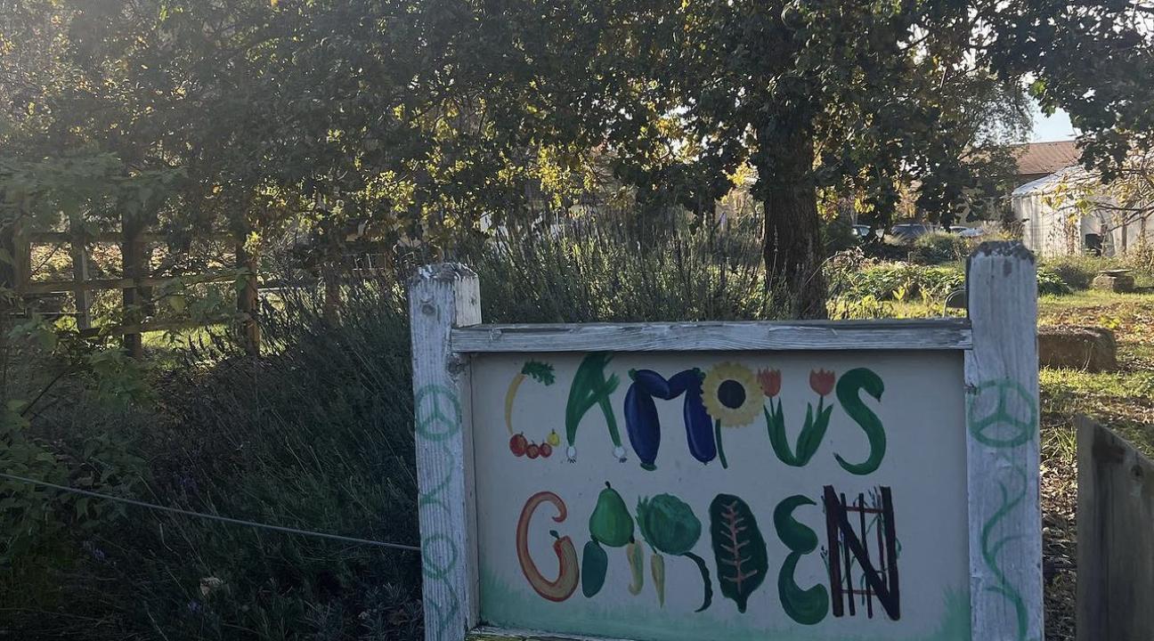 Multicolored sign for the Campus Garden