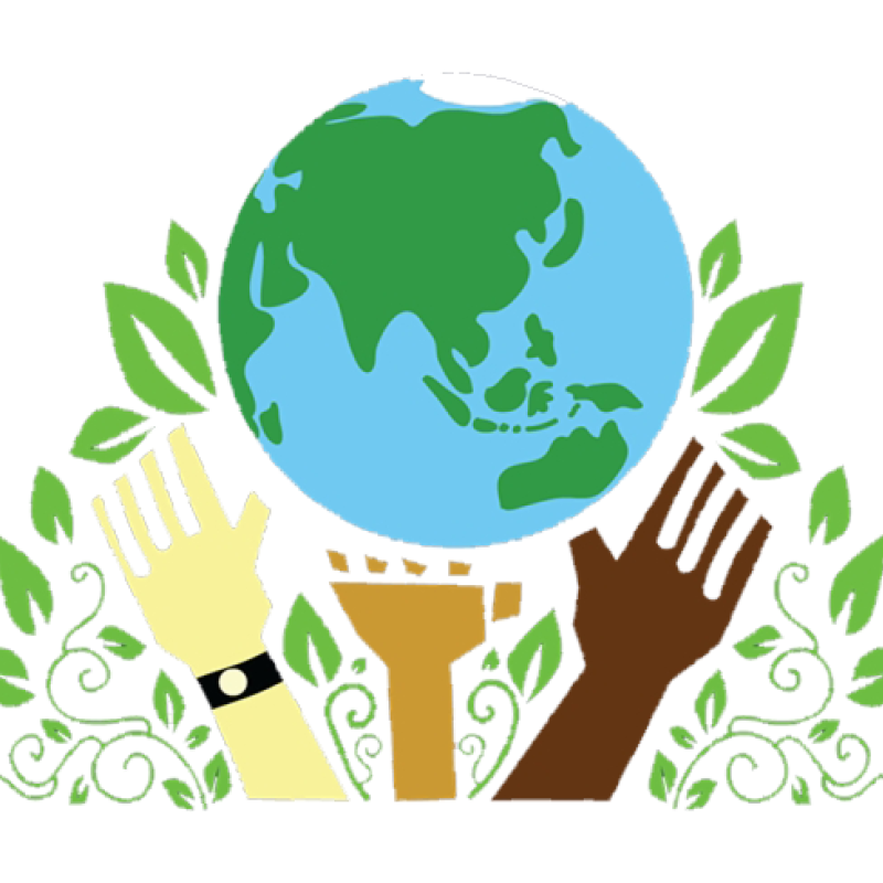 hands holding earth with leaves in background