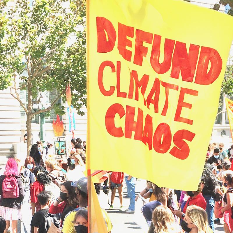 Image of a banner/flag with the words "Defund Climate Change" painted on it