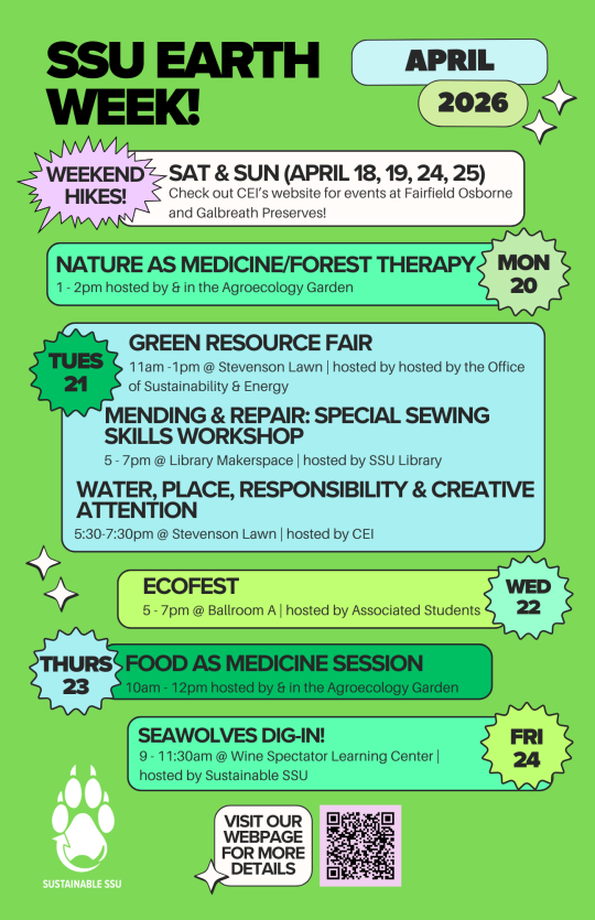 A flyer detailing Earth Week events from Saturday April 18th to Sunday April 25th, 2026. 