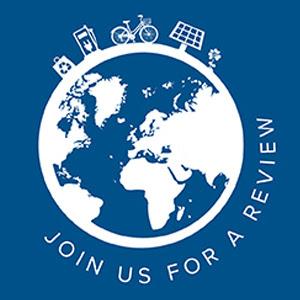 image of world with recycling logo, bicycle, solar panel, flower and words Join Us for A Review