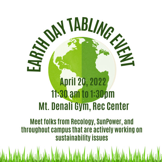 graphic of green earth with words "Earth Day Tabling Event April 20, 2022 11:30am to 1:30pm Mt. Denali Gym, Rec Center"
