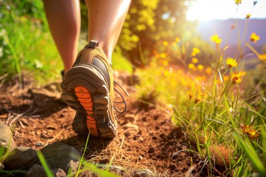 close up of feet walking on dirt trail