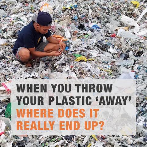 image of person sorting plastic with text "when you throw your plastic away were does it really end up?